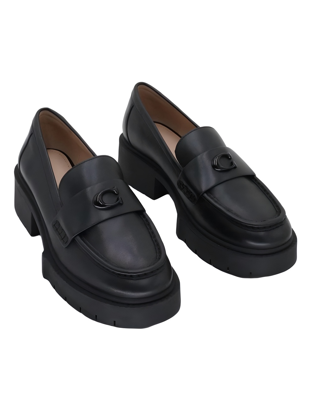 COACH Womens Leah Black Leather Platform Lug-Sole Block Heel Loafers Size 6.5B